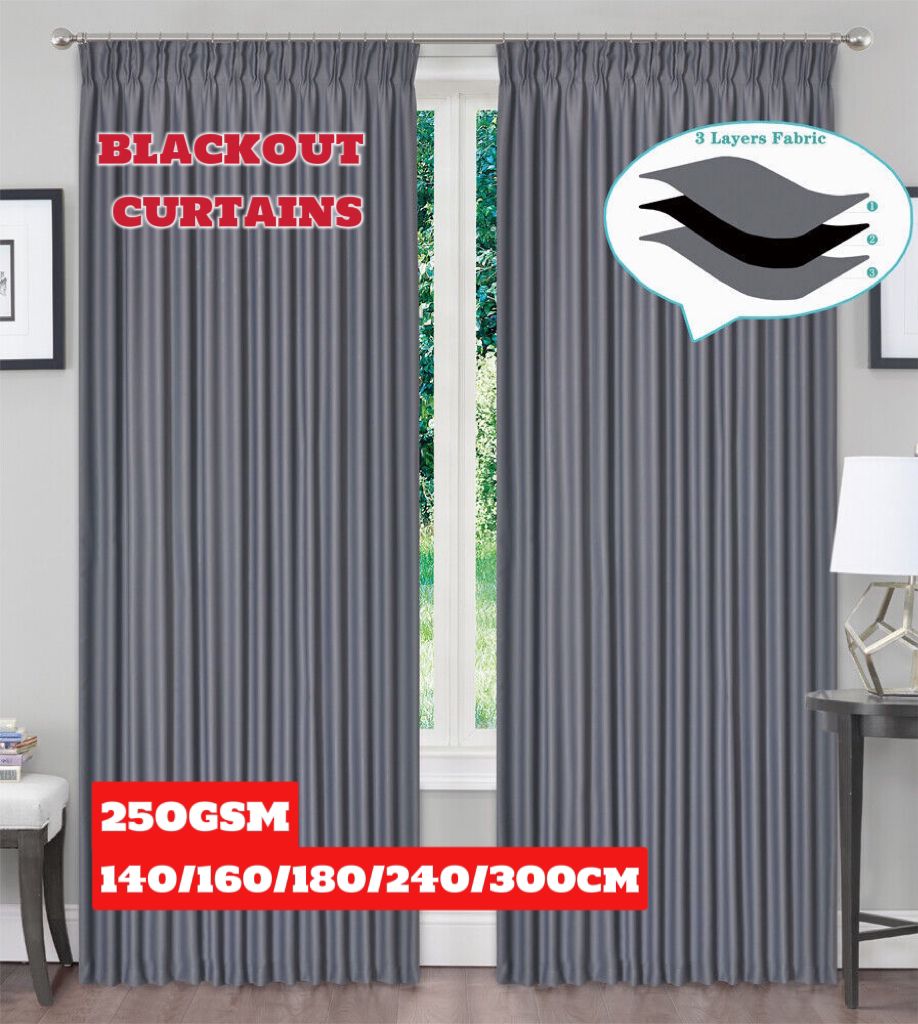 Blackout Pinch Pleat Curtains 3-Layer Woven Blockout Drapes Room Darkening 160/230 Drop 1 Panel