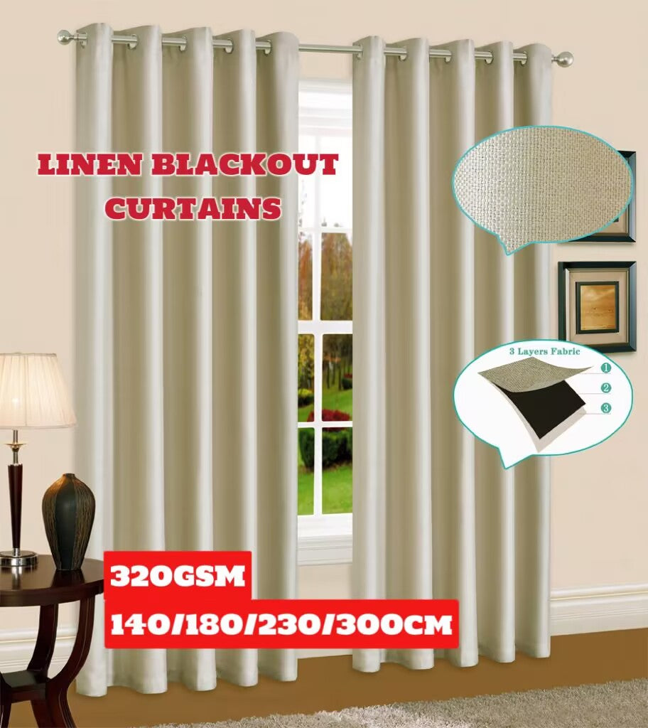 Linen Blackout Curtains Eyelet 3-Layer Woven Blockout Drapes Textured 1Panel