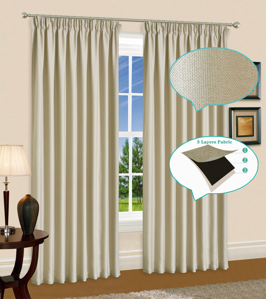 Linen Blackout  Pinch Pleat Curtains 3-Layer Woven Drapes Blockout Textured 230cm Drop 4 Colors 1 Panel