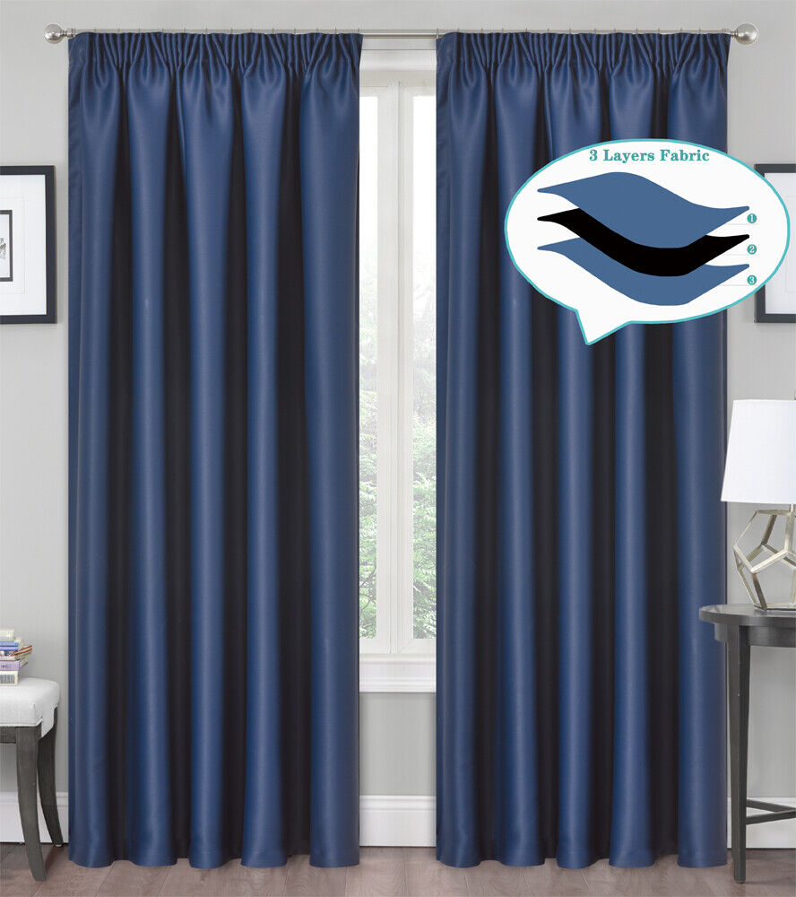 Blackout Curtains  Pencil Pleat 3-Layers Woven  Blockout  Drapes Room Darkening 213cm Drop 1 Panel