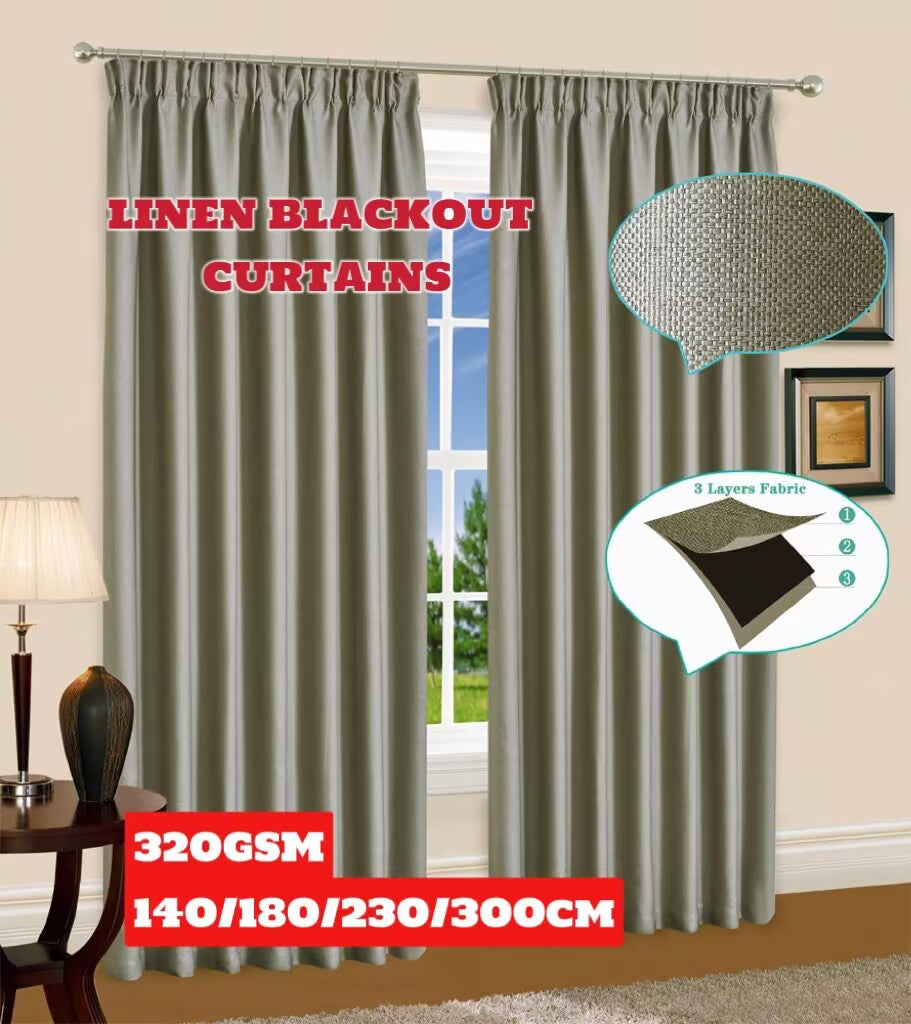 Linen Blackout  Pinch Pleat Curtains 3-Layer Woven Drapes Blockout Textured 230cm Drop 4 Colors 1 Panel