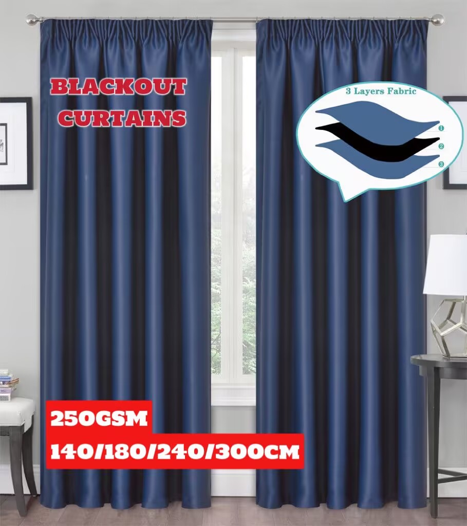 Blackout Curtains  Pencil Pleat 3-Layers Woven  Blockout  Drapes Room Darkening 213cm Drop 1 Panel