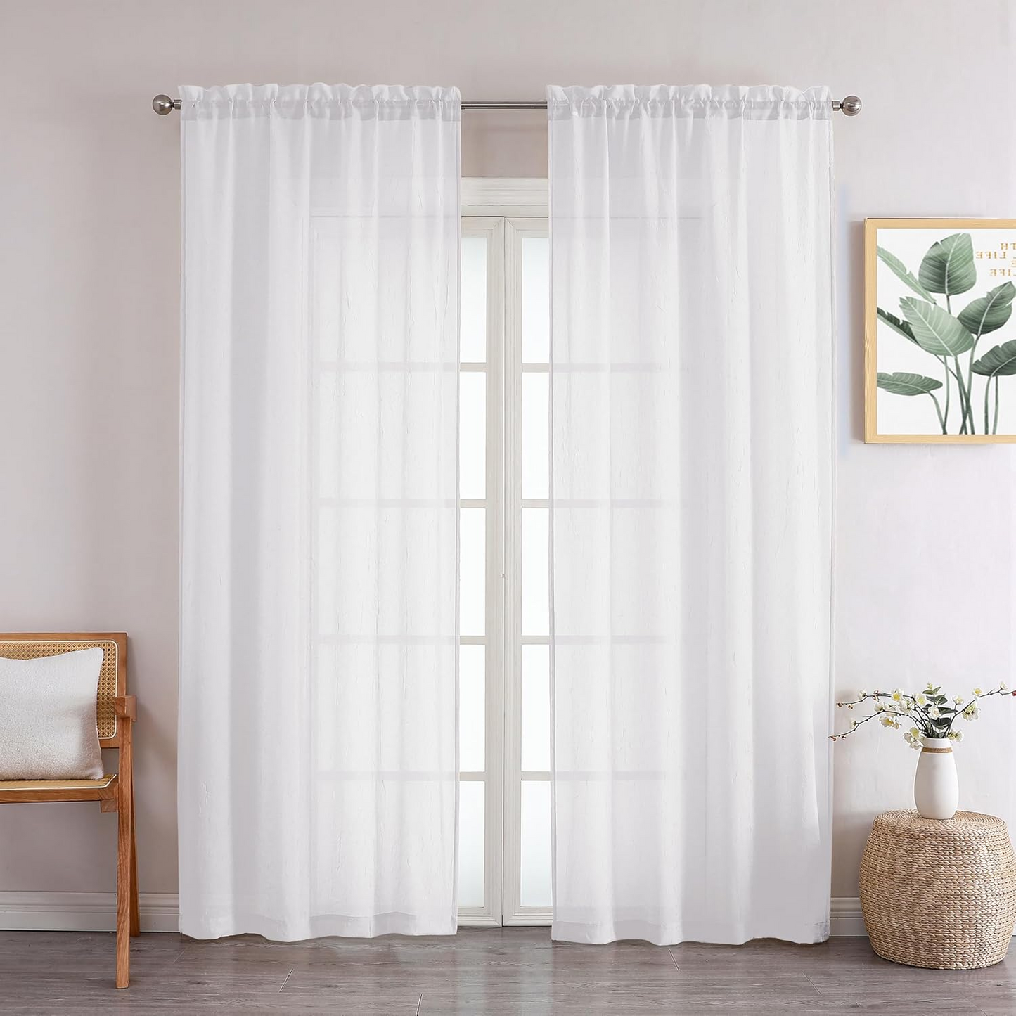 Crushed Voile Curtains Rod Pocket Semi Sheer Drapes 200cm /245cm Drop