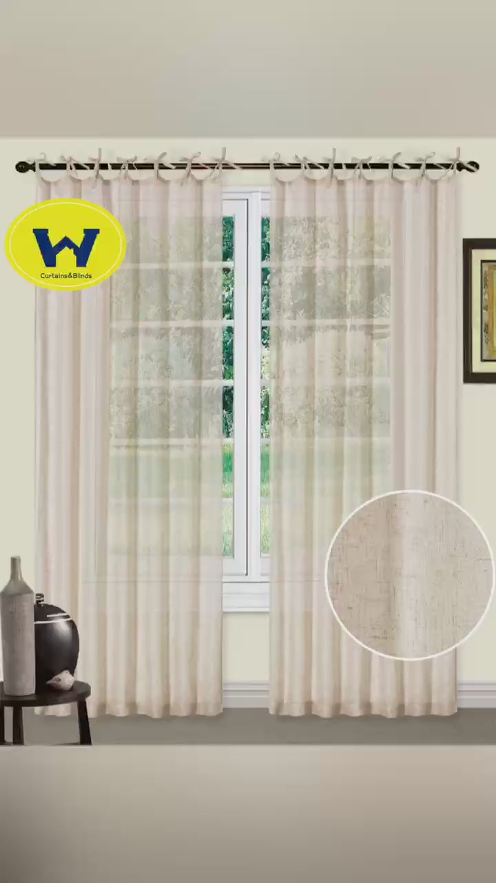 Load video: Linen Semi Sheer Curtains Tie Top  Drapes 200/213/240cm Drop 1 Panel