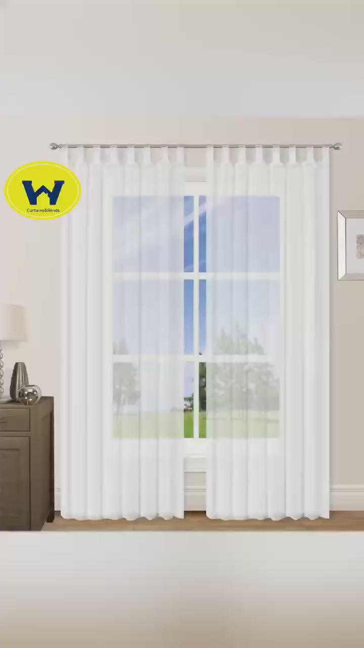Load video: Organza Tab Top Curtains Loop Sheer Drapes Width 140cm Drop 213/245cm 2 Panels 6 colors