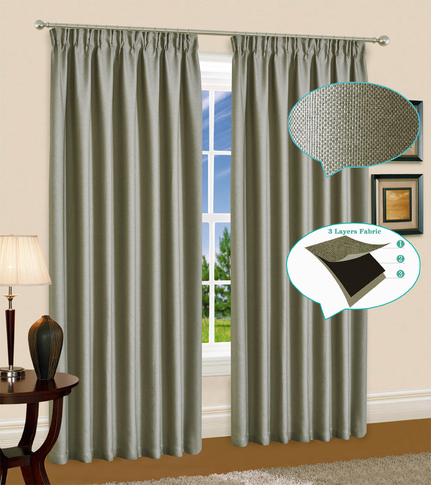 Linen Blackout  Pinch Pleat Curtains 3-Layer Woven Drapes Blockout Textured 230cm Drop 4 Colors 1 Panel