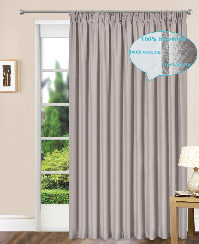 100% Blackout  Pinch Pleat Curtains Microfiber Coated Drapes Thermal Insulation Room Darkening - 2 Panels