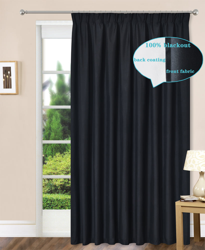 100% Blackout  Pinch Pleat Curtains Microfiber Coated Drapes Thermal Insulation Room Darkening - 2 Panels