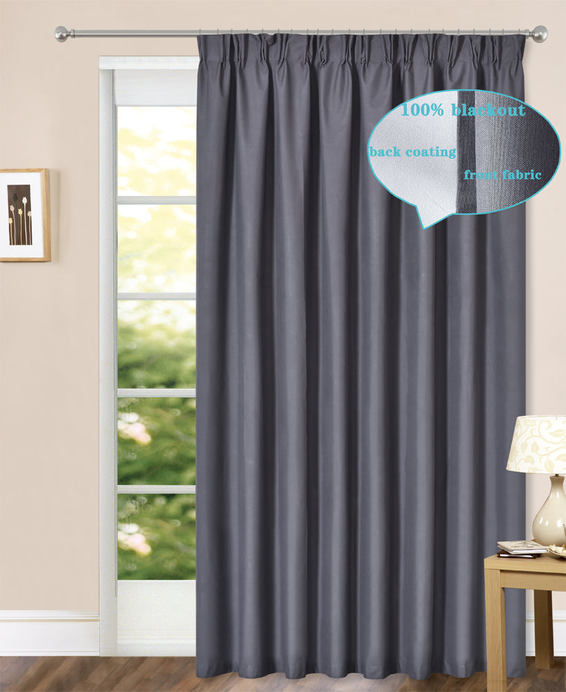 100% Blackout  Pinch Pleat Curtains Microfiber Coated Drapes Thermal Insulation Room Darkening - 2 Panels