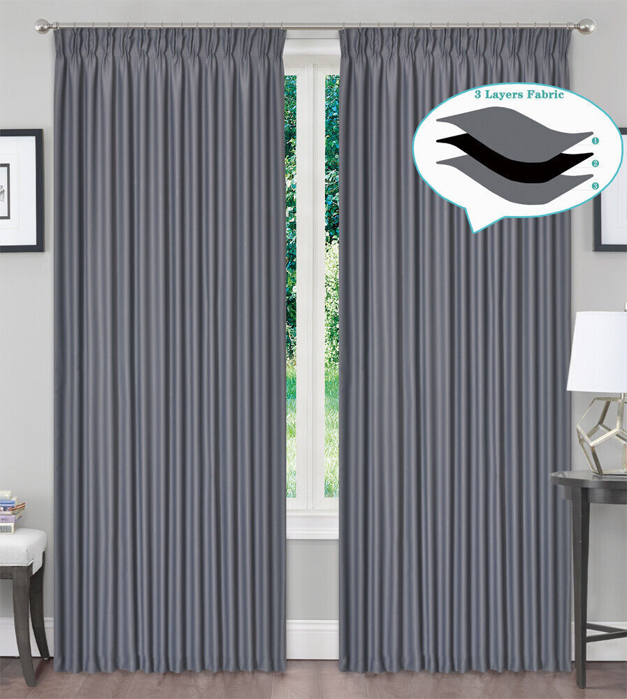 Blackout  Pinch Pleat Curtains  3-Layer Woven Blockout Drapes Room Darkening 160/230 Drop 1 Panel